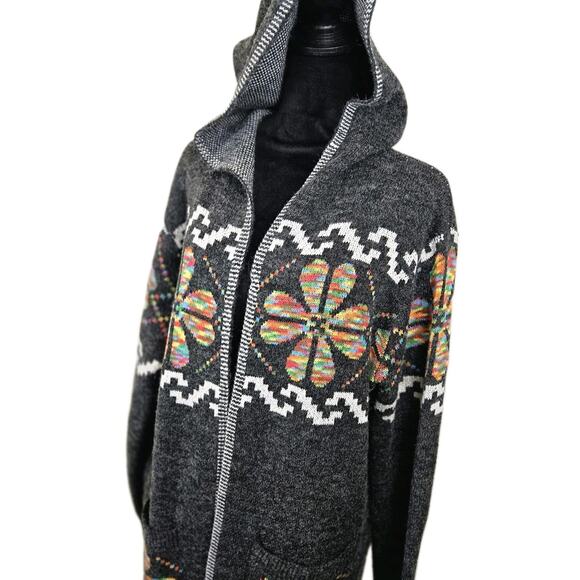 Irish 4 Leaf Clover Open Cardigan Long Gray Hooded Wool Pockets XL LAGENLOOK - Picture 1 of 11